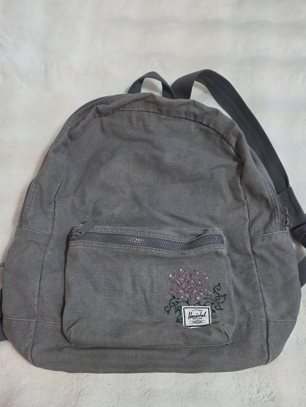 Herschel Supply Company Gray Canvas Backpack with Embroidered Floral Accent